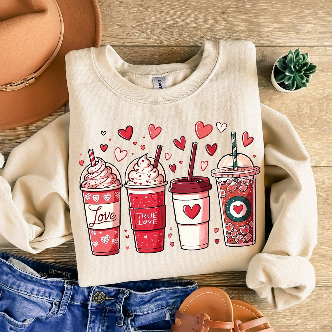 Hoodie Sweatshirt Crew T-Shirt Valentines - Love Coffee Cup Design
