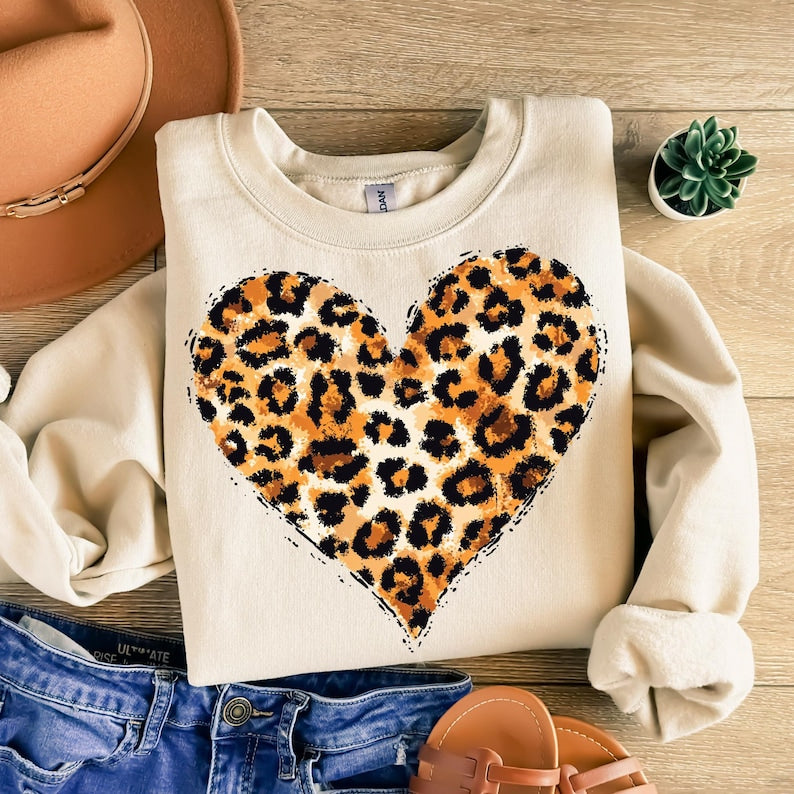Hoodie Sweatshirt Crew T-Shirt Valentines - Leopard Print Heart Design