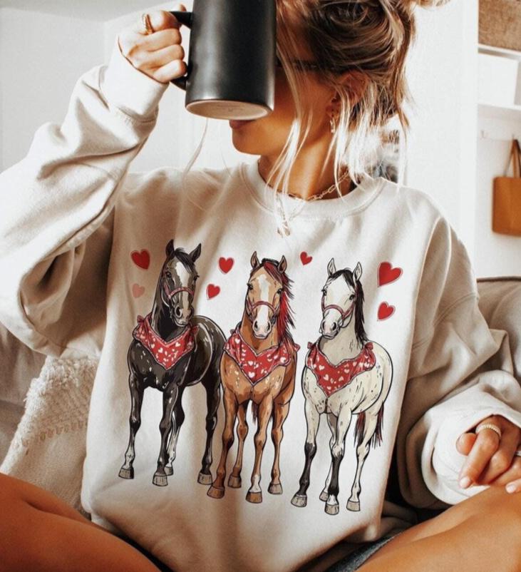 Hoodie Sweatshirt Crew T-Shirt Valentine's Horses with Hearts
