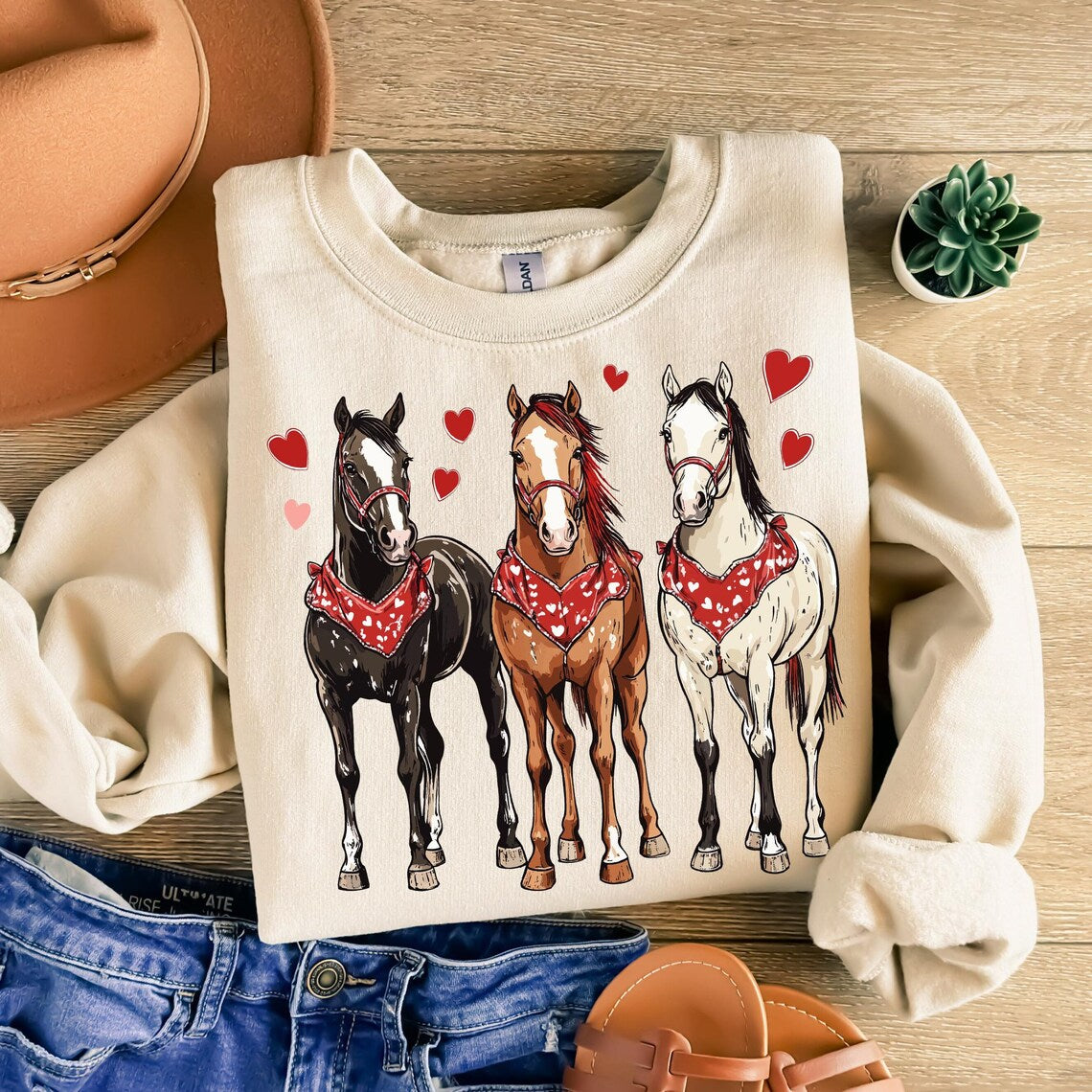 Hoodie Sweatshirt Crew T-Shirt Valentine's Horses with Hearts