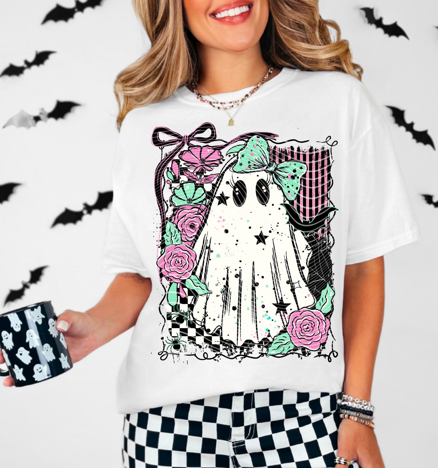 Pastel Punk Ghost – Cute & Spooky Checkerboard Crewneck with Roses & Bows