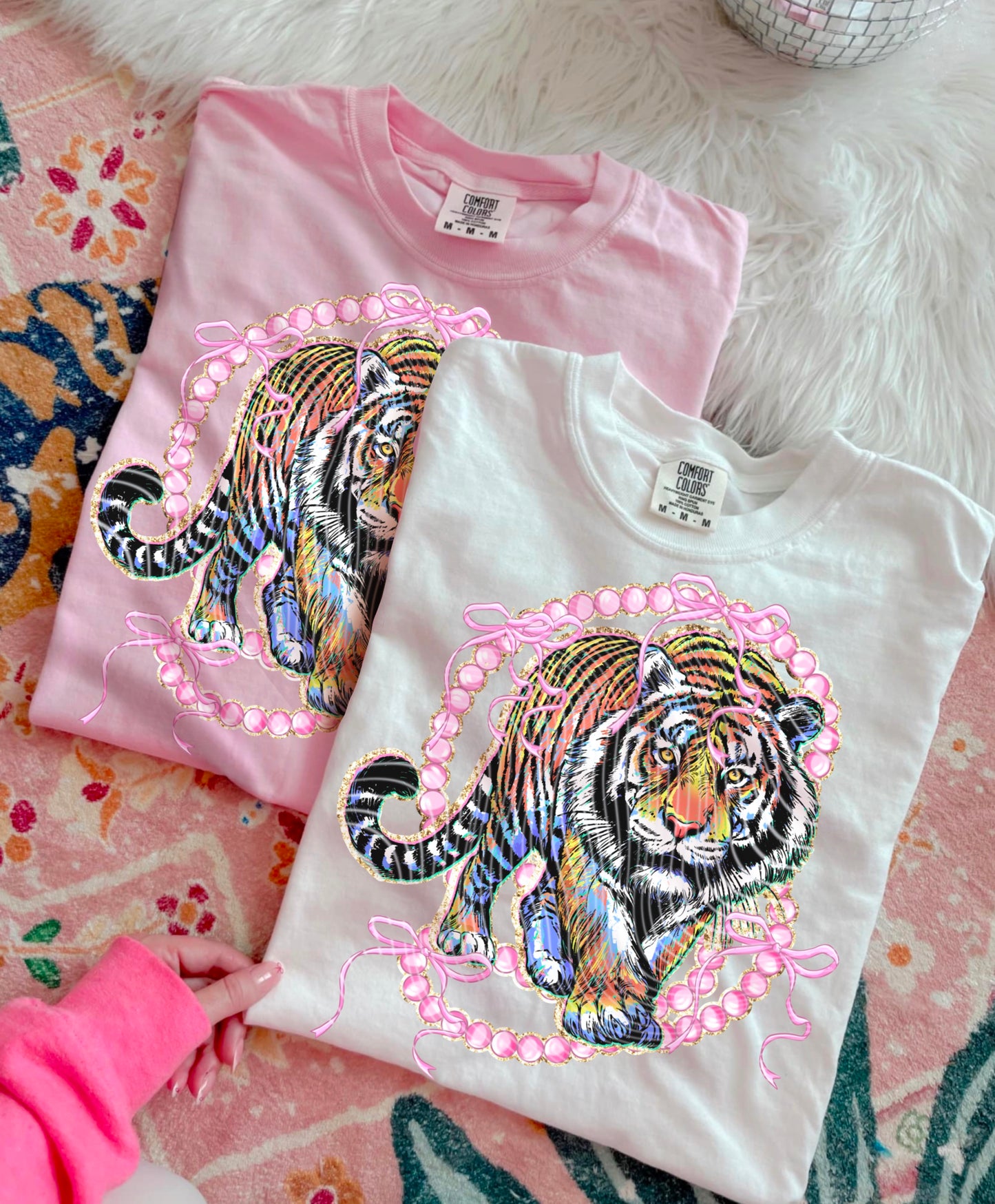 DTF Transfer Pearl Tiger with Pink Bows – Fierce & Feminine Design