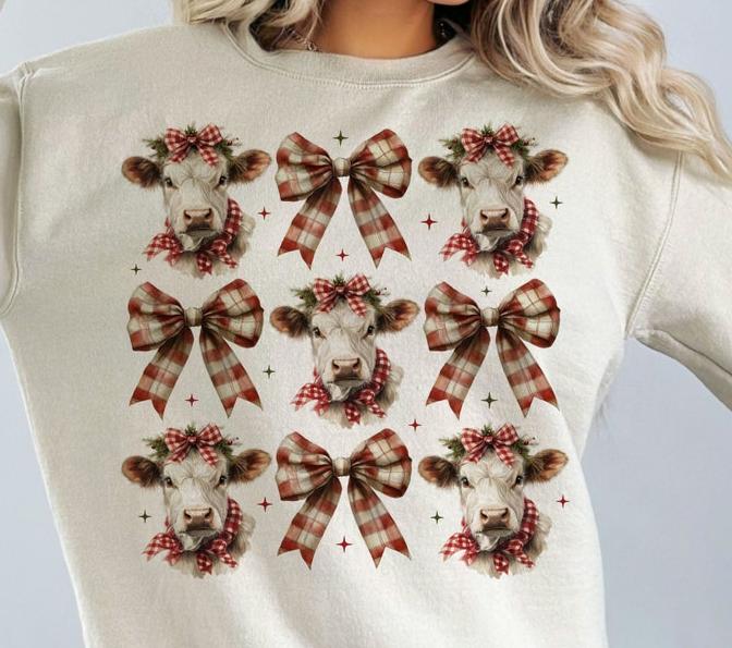 DTF Transfer Christmas Cow With Christmas Bows