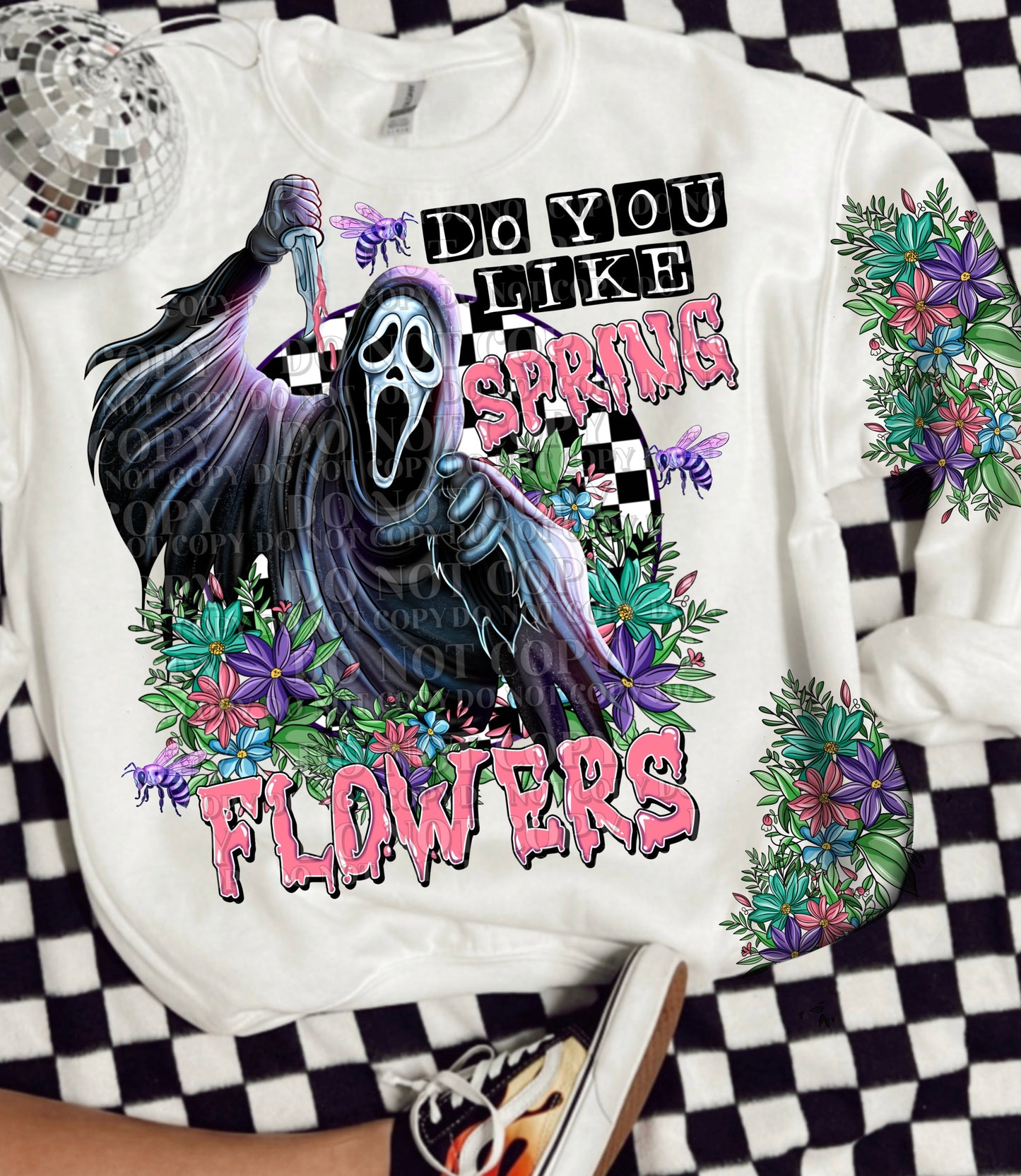 DTF Transfer Ghost Face Do You Like Spring Flowers pink