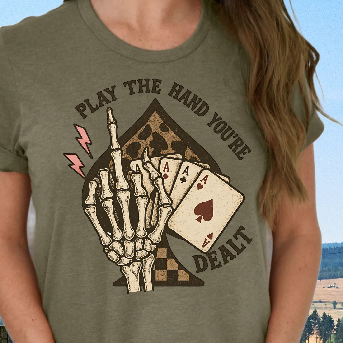 DTF Transfer Play the Hand You're Dealt – Skeleton Hand, Cards & Lightning Bold Western Design