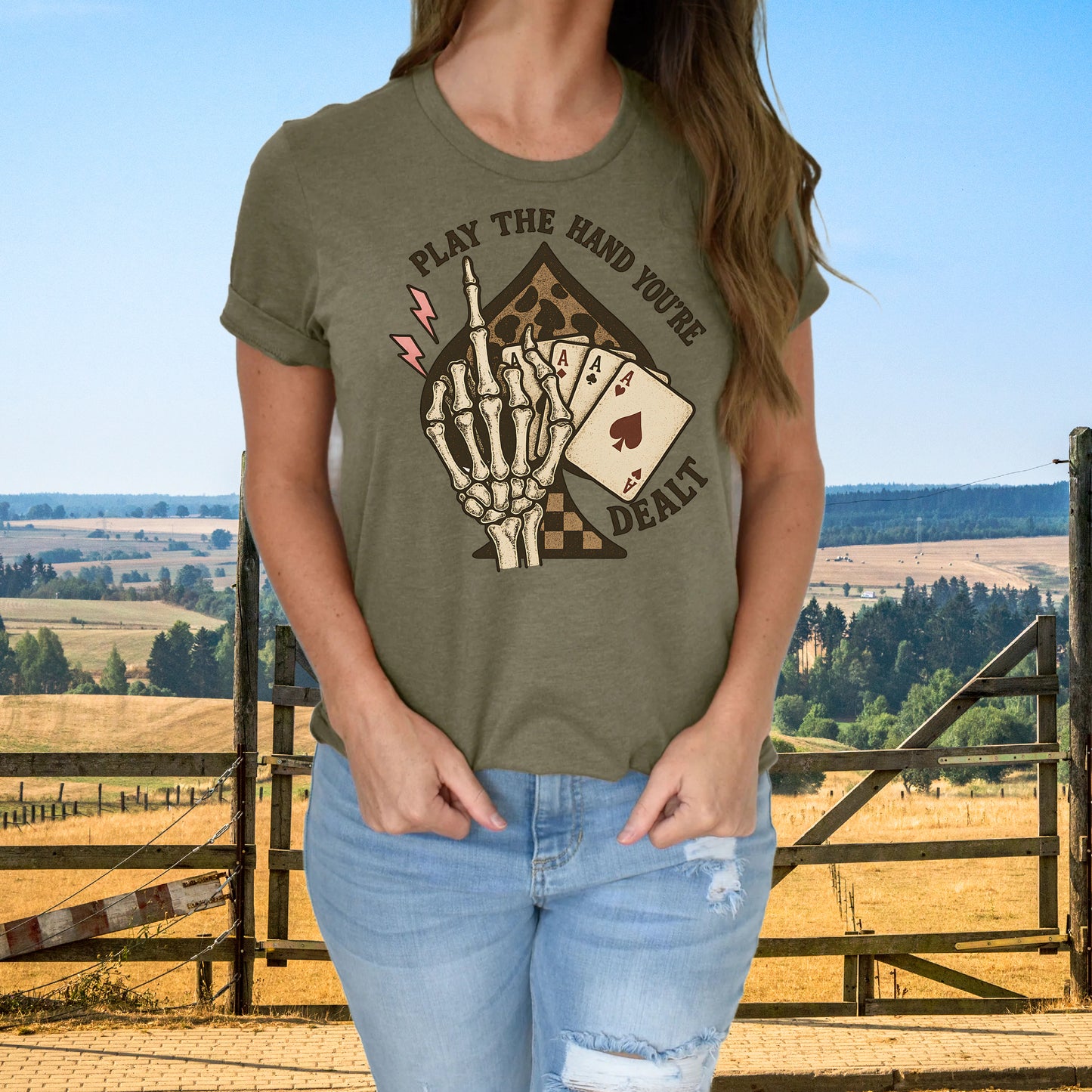 DTF Transfer Play the Hand You're Dealt – Skeleton Hand, Cards & Lightning Bold Western Design