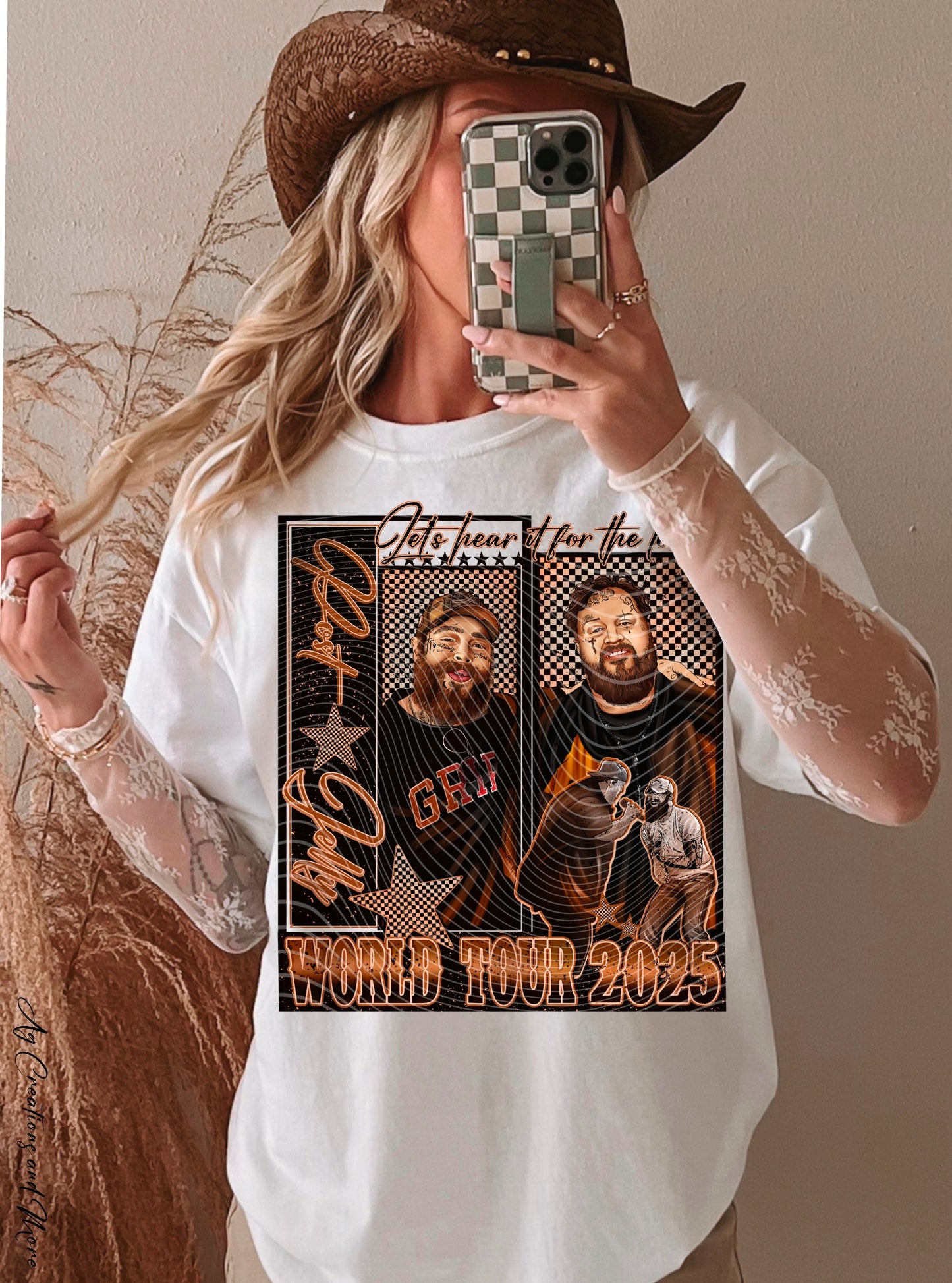 Hoodie Sweatshirt Crew T-Shirt Western Jelly & Post W/ Sleeve Prints