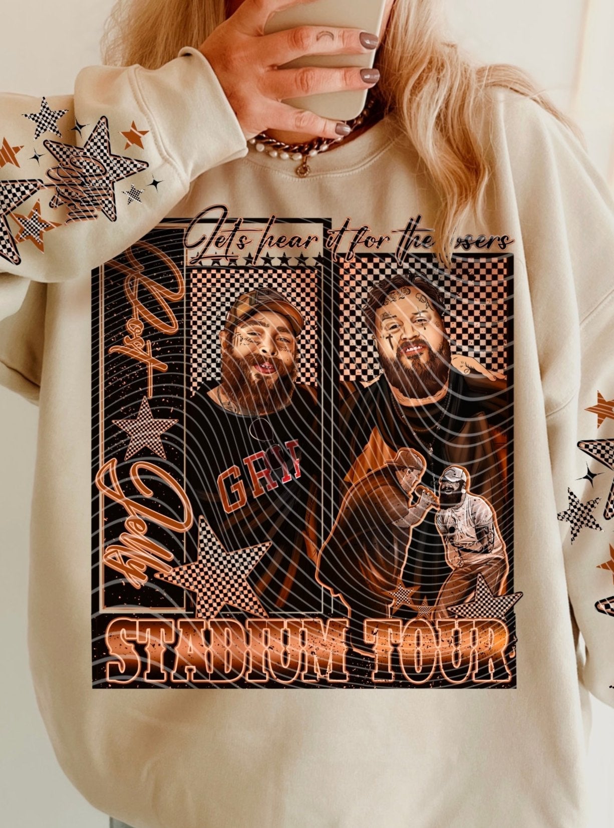 Hoodie Sweatshirt Crew T-Shirt Western Jelly & Post W/ Sleeve Prints