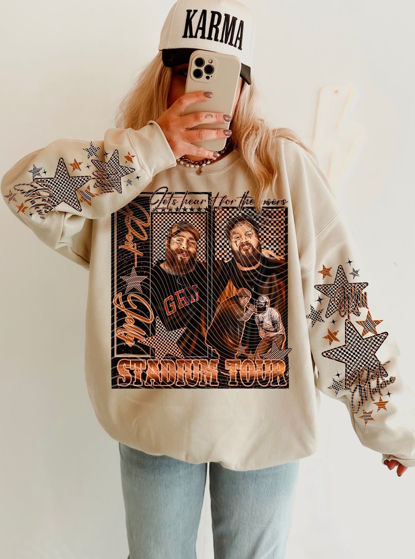 Hoodie Sweatshirt Crew T-Shirt Western Jelly & Post W/ Sleeve Prints