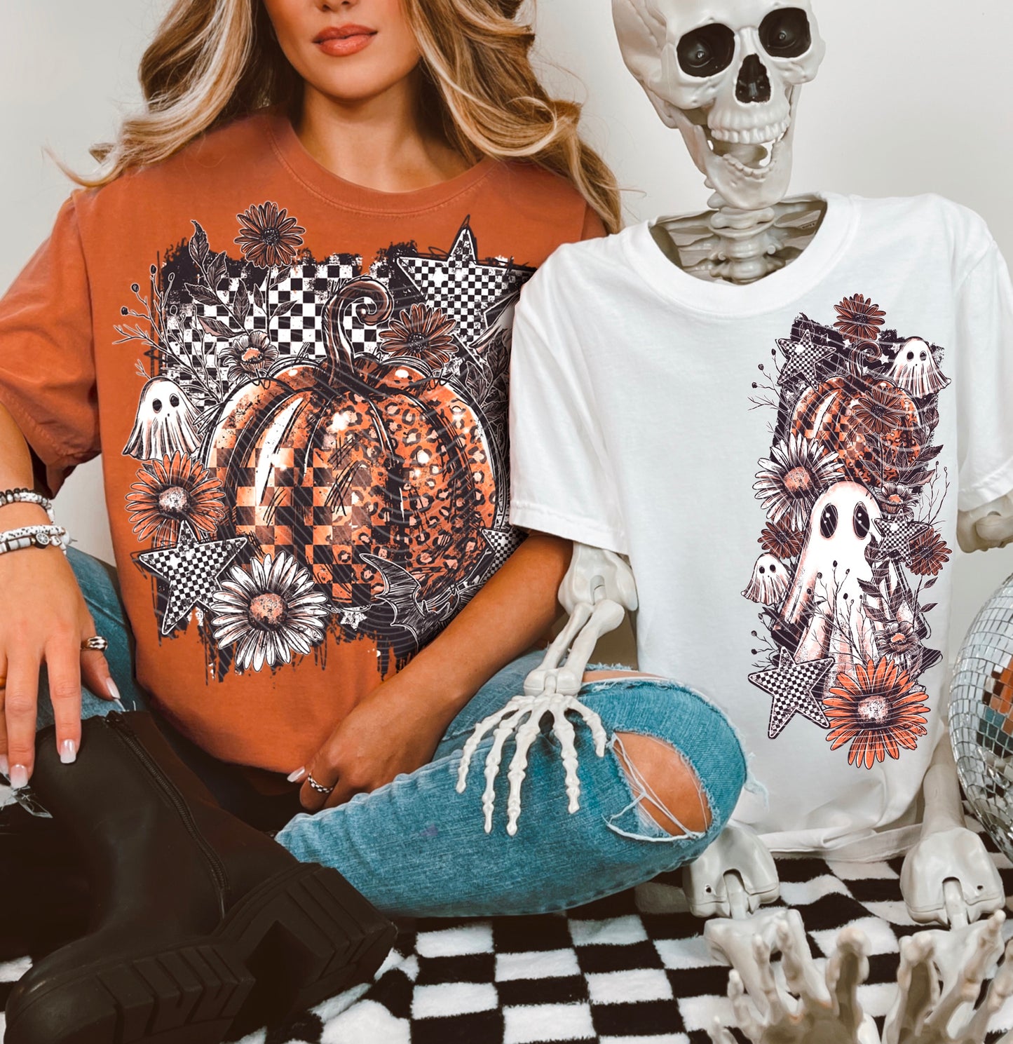 DTF Transfer Grunge Pumpkin Floral – Leopard, Checker, Ghosts & Fall Flowers