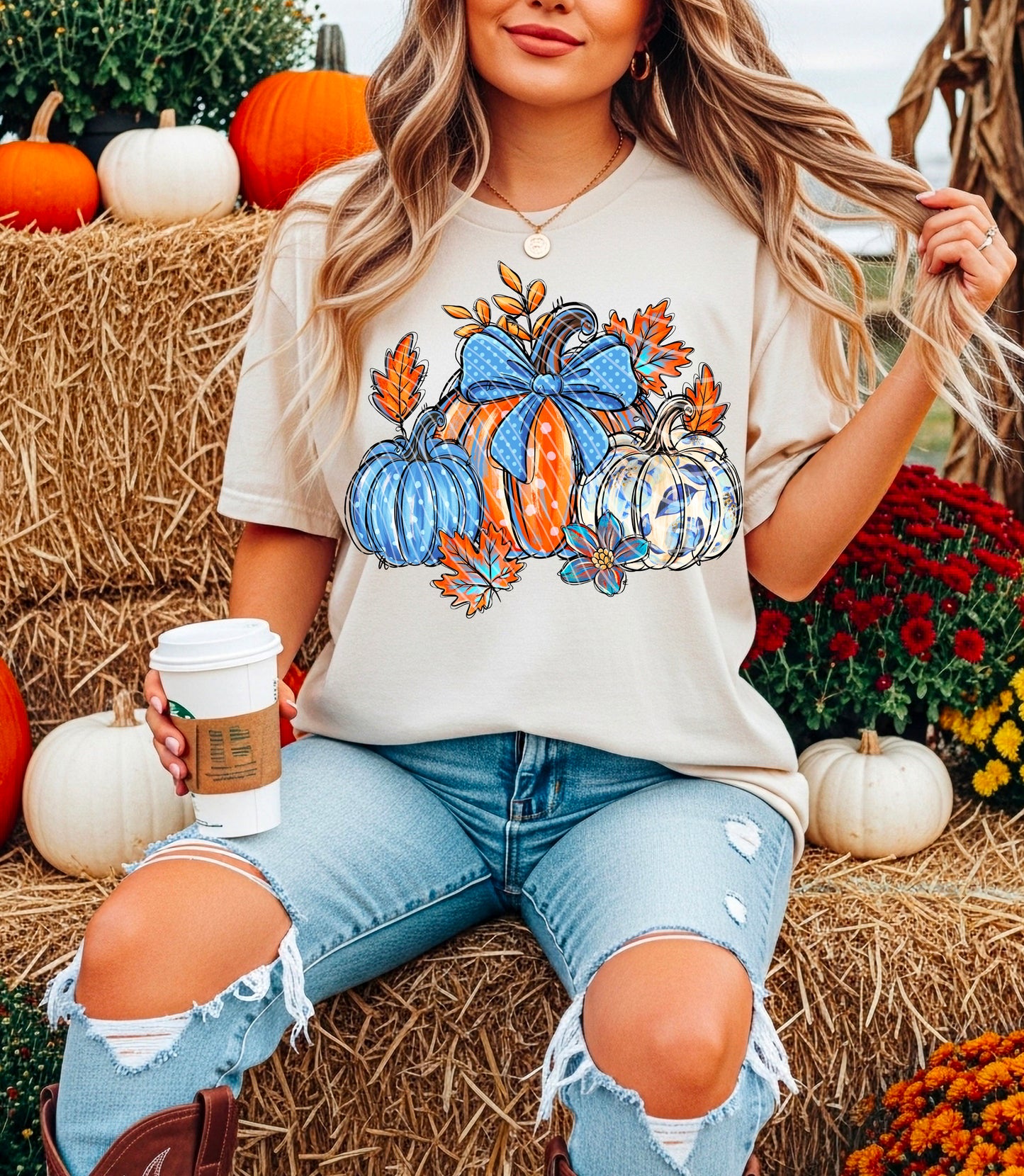 DTF Transfer Pumpkin Spice Design – Blue Bow Pumpkins & Autumn Leaves