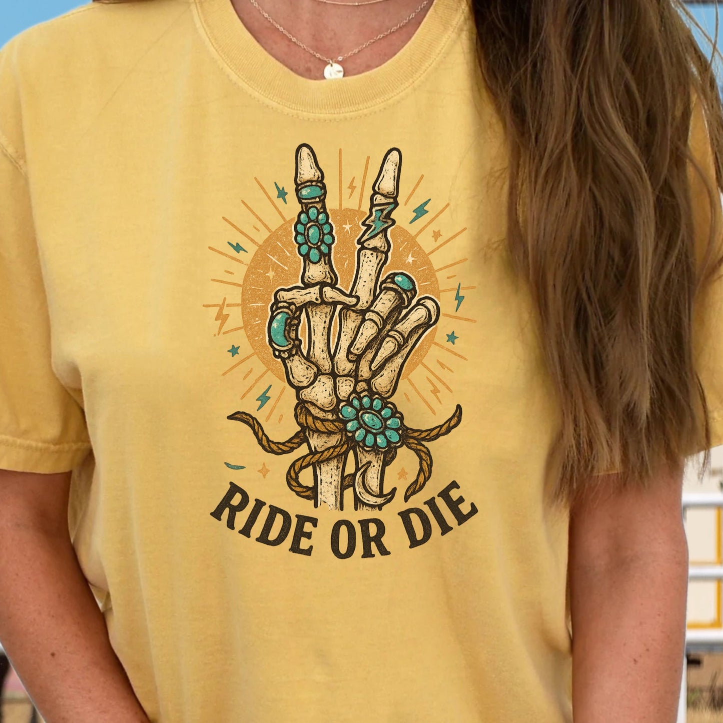DTF Transfer Ride or Die โ Western Skeleton Hand with Turquoise Jewelry & Sunburst Design