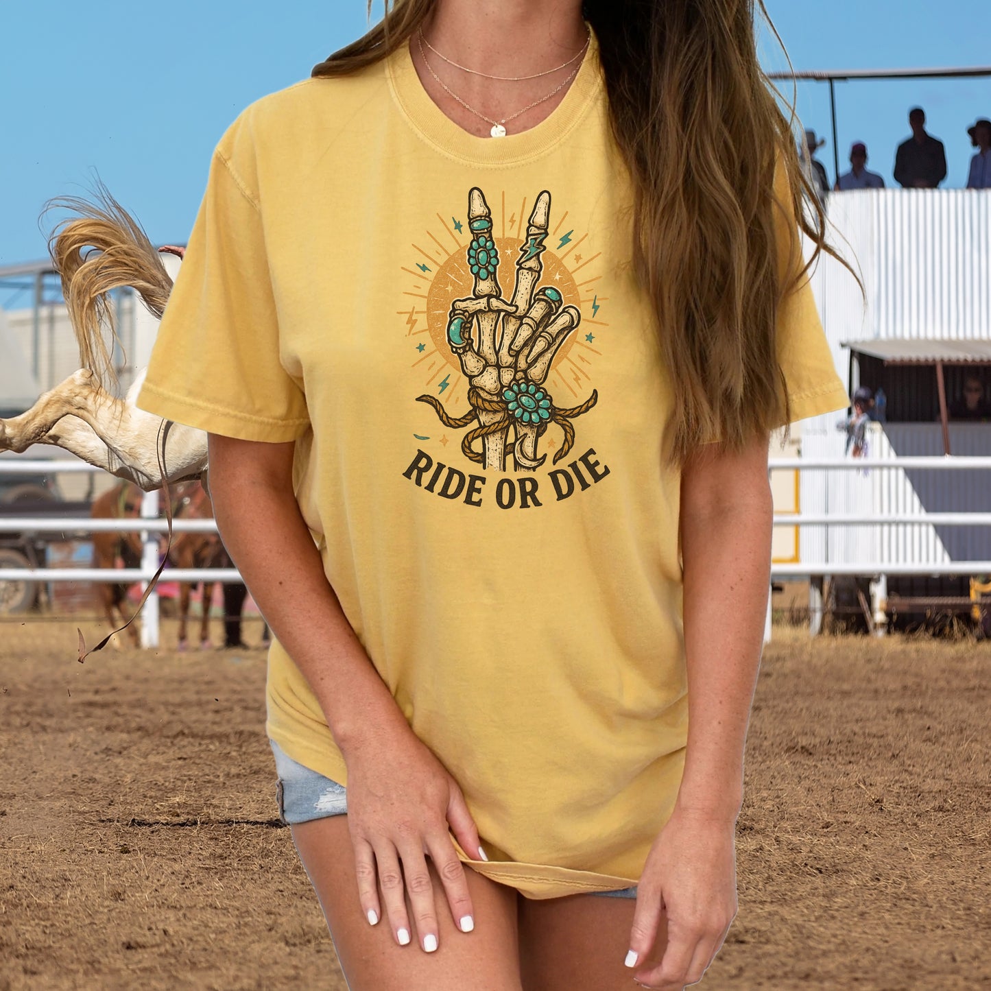 DTF Transfer Ride or Die โ Western Skeleton Hand with Turquoise Jewelry & Sunburst Design