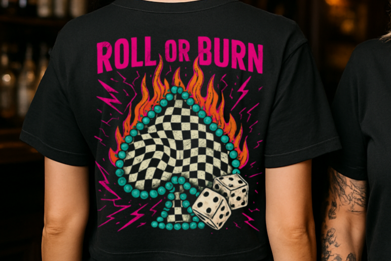 DTF Transfer Roll or Burn – Checker Spade, Dice & Flames Retro Western Style