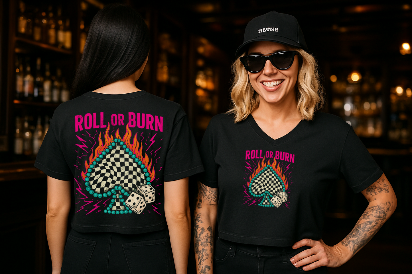 DTF Transfer Roll or Burn – Checker Spade, Dice & Flames Retro Western Style
