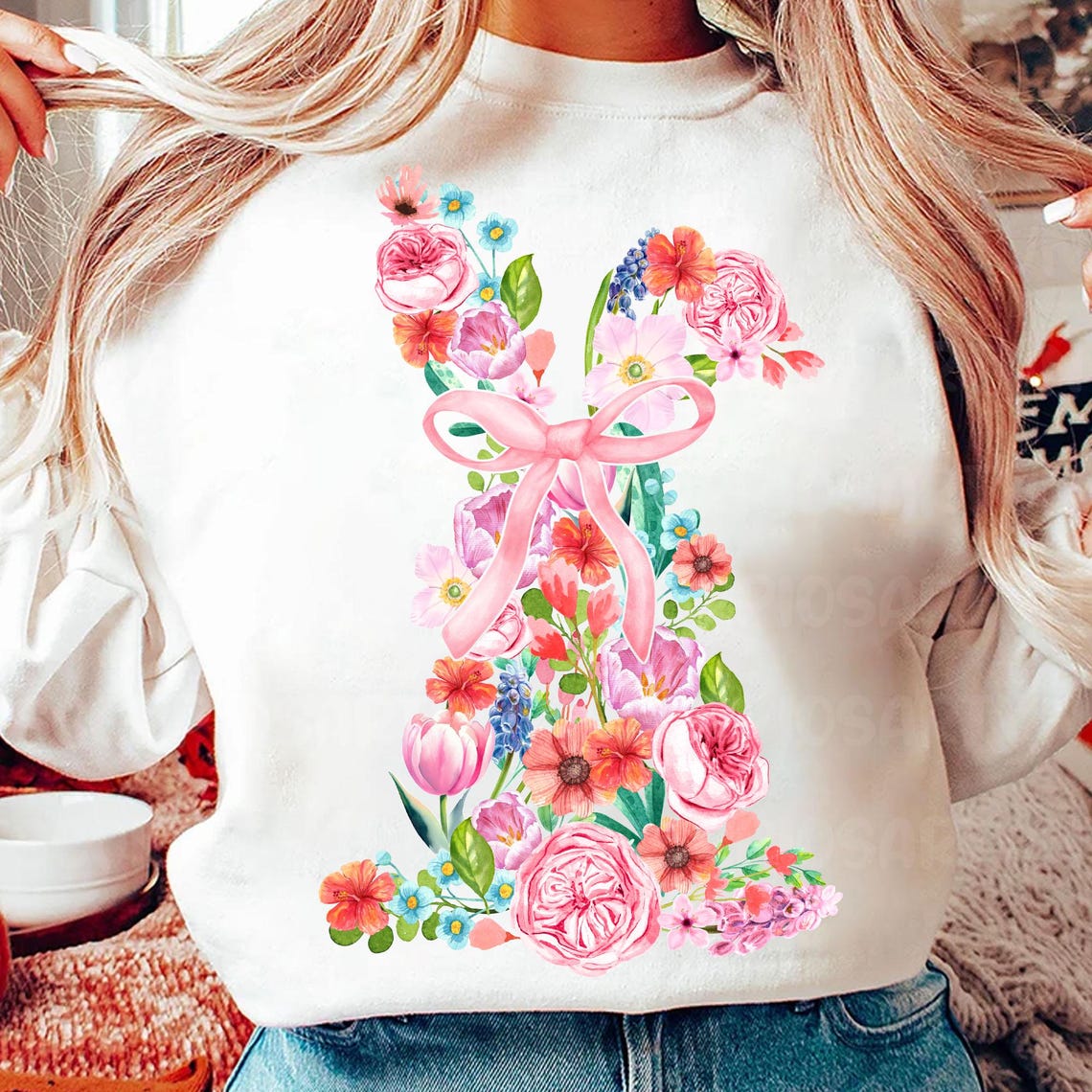 DTF Transfer Floral Bunny Ribbon Cross Print
