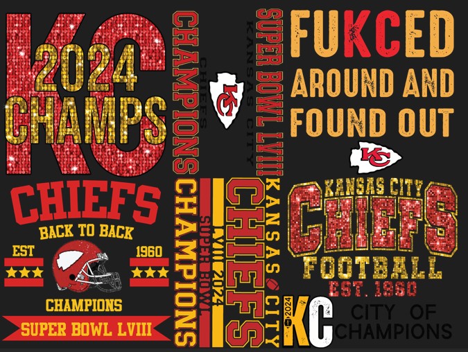 SB CHAMPS KC 22" WIDE DTF Transfers 7 MINI PREMADE GANG SHEET
