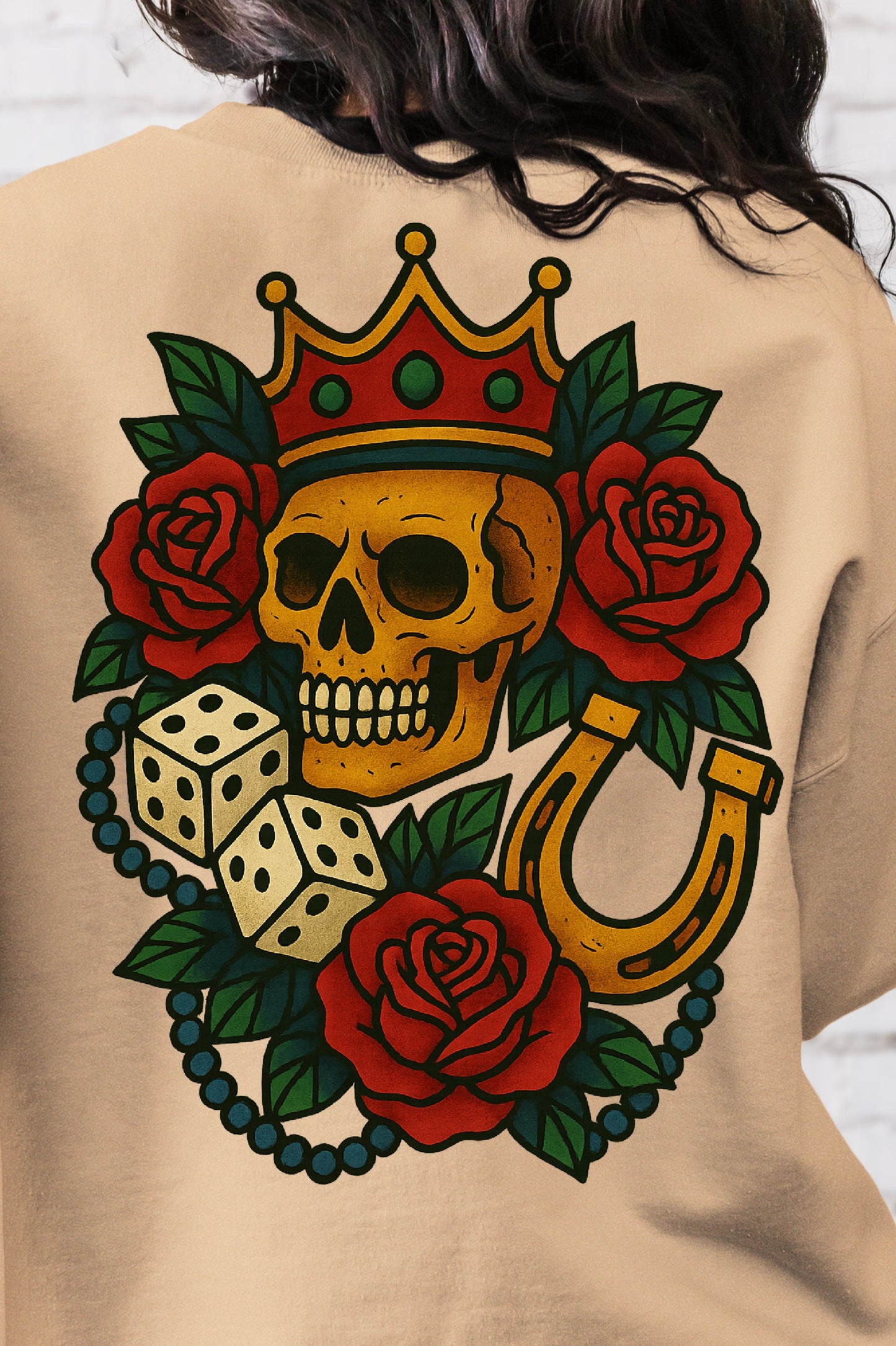 DTF Transfer King of Luck – Skull with Crown, Roses, Dice & Horseshoe Back Print Design