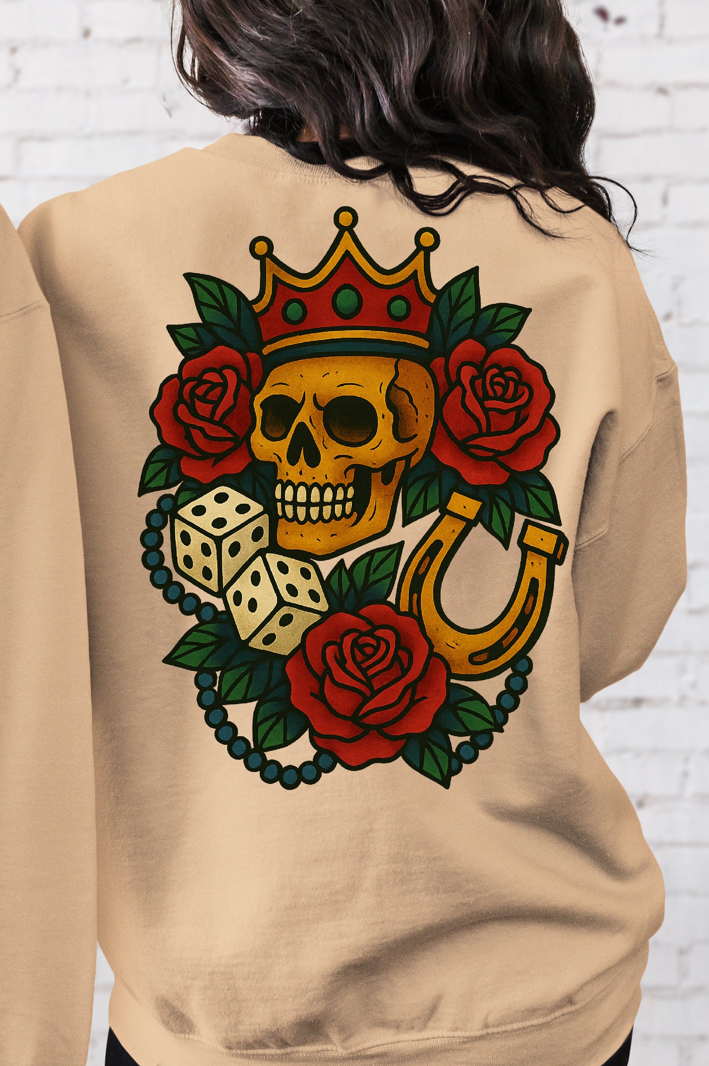 DTF Transfer King of Luck – Skull with Crown, Roses, Dice & Horseshoe Back Print Design