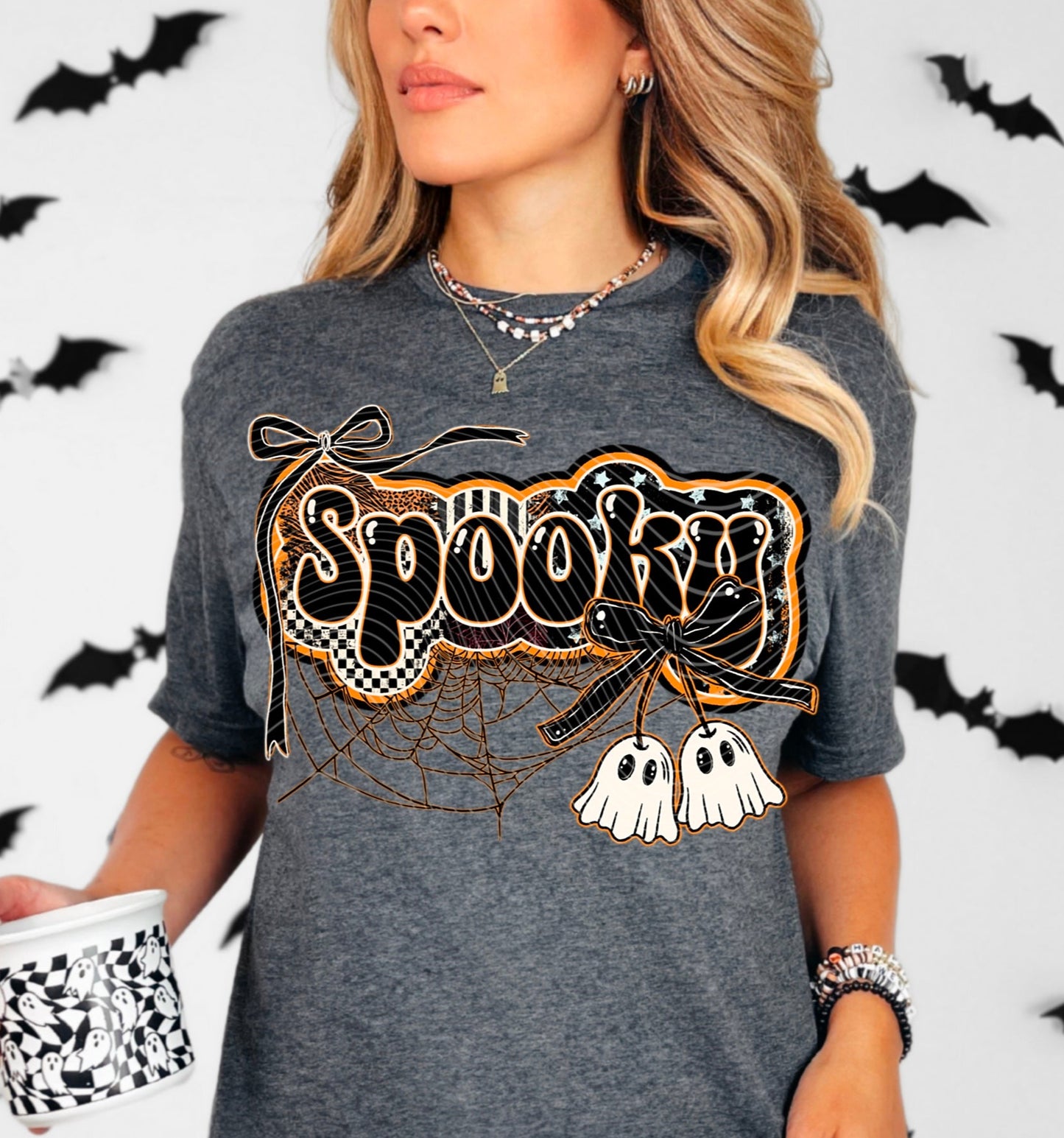 DTF Transfer Spooky Ghosts with Web & Bows – Retro Checkerboard
