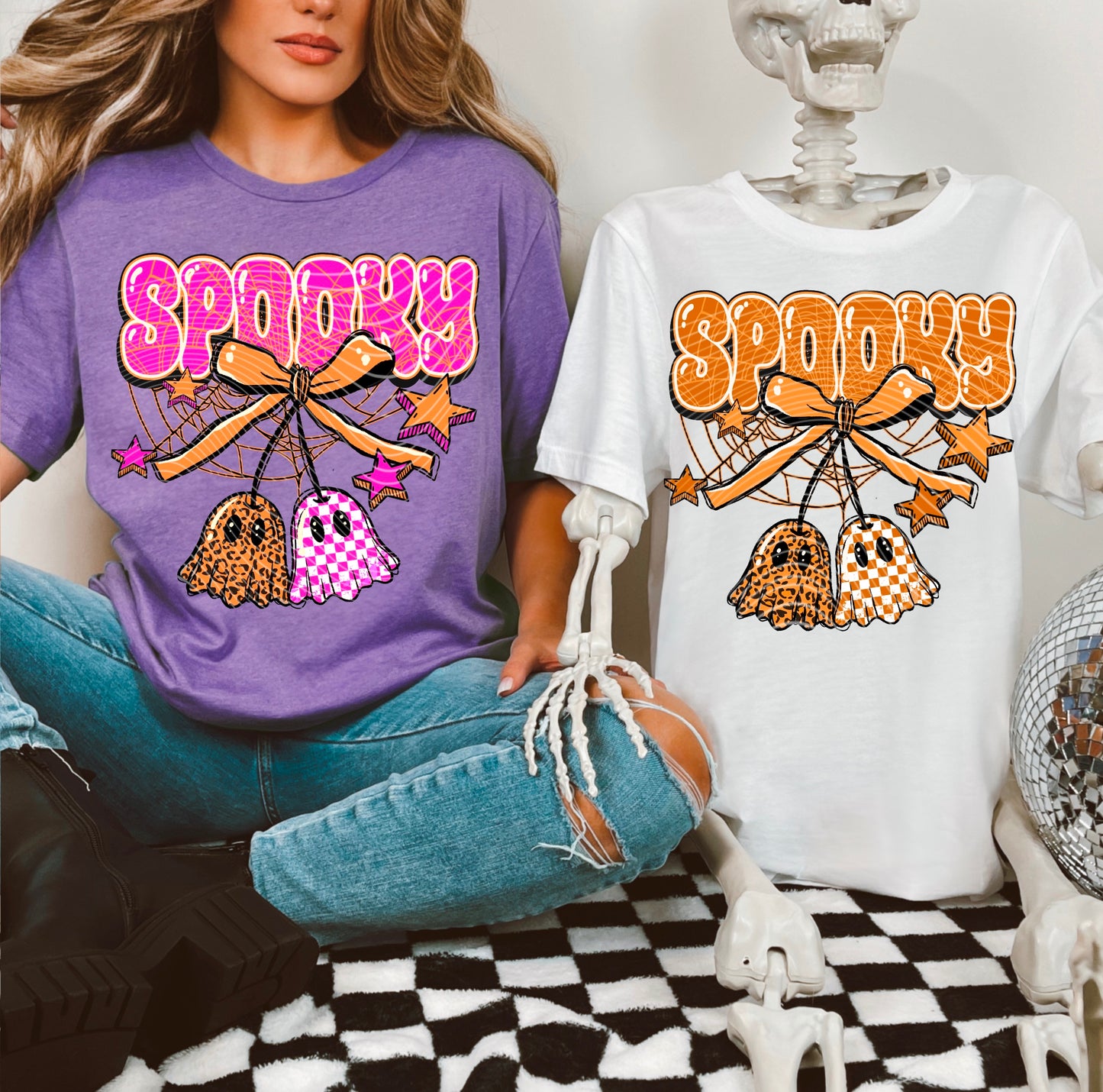 DTF Transfer Spooky Ghost Duo with Bows – Retro Pink & Orange