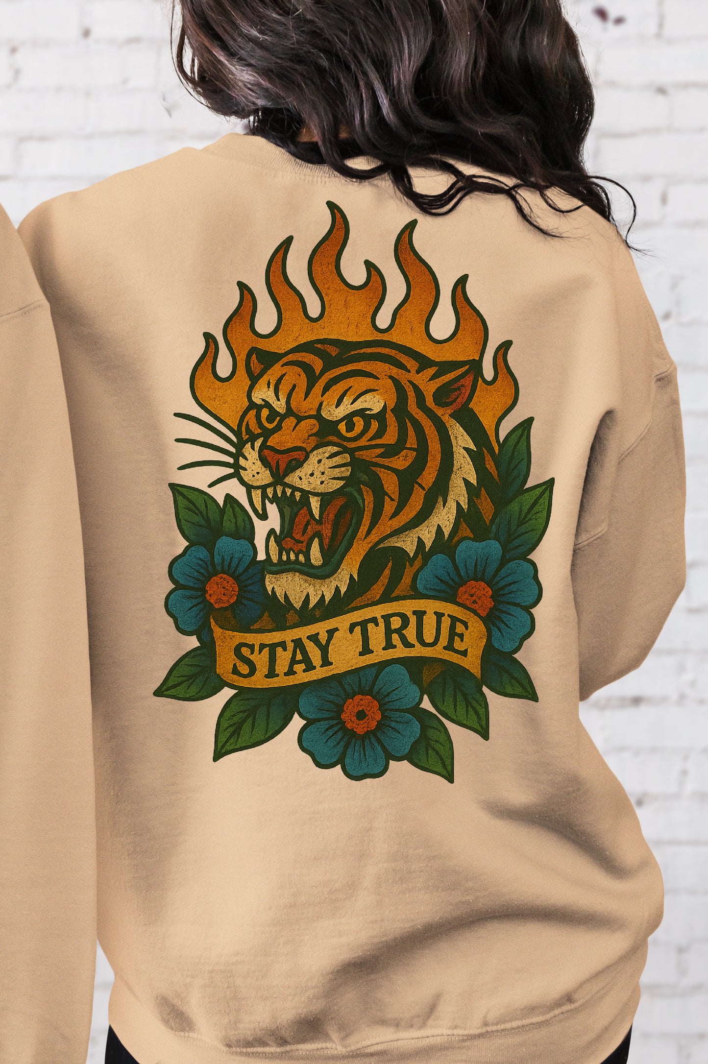 DTF Transfer Stay True – Fierce Tiger with Flames and Floral Back Print Design