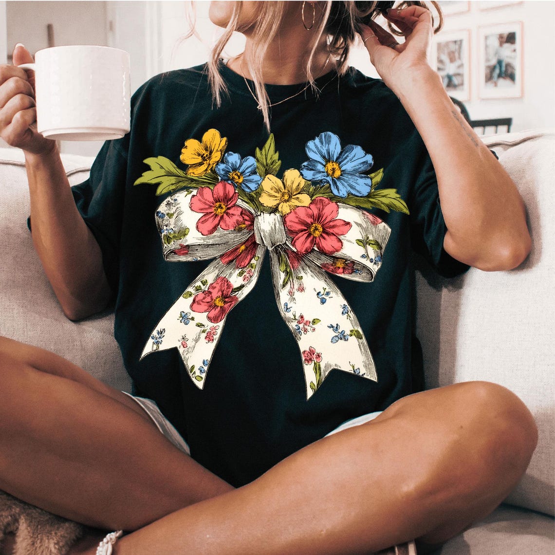 DTF Transfer Vintage Floral Bow Spring Wildflower Design