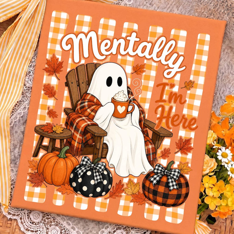 Mentally I'm Here – Cute Fall Ghost Coffee – Cozy Pumpkin Spice Latte Shirt alternate preview
