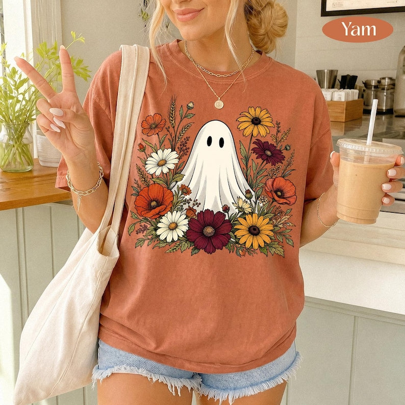 Floral Ghost – Wildflower Halloween – Cute Ghost Fall Design garment preview