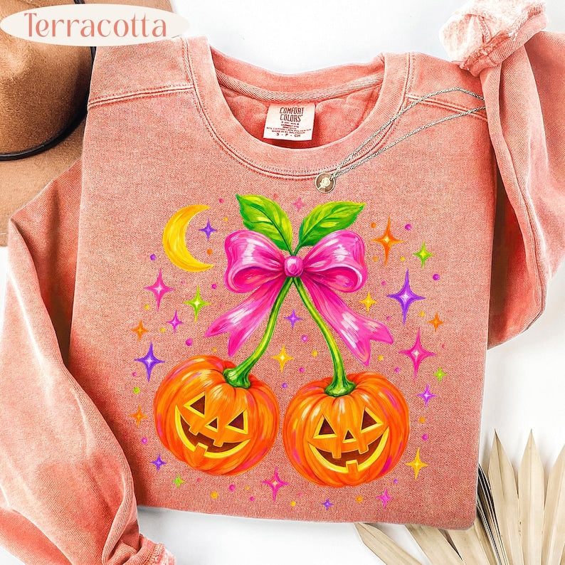 Coquette Pumpkin – Pink Bow Halloween – Cherry Jack O Lantern Design garment preview