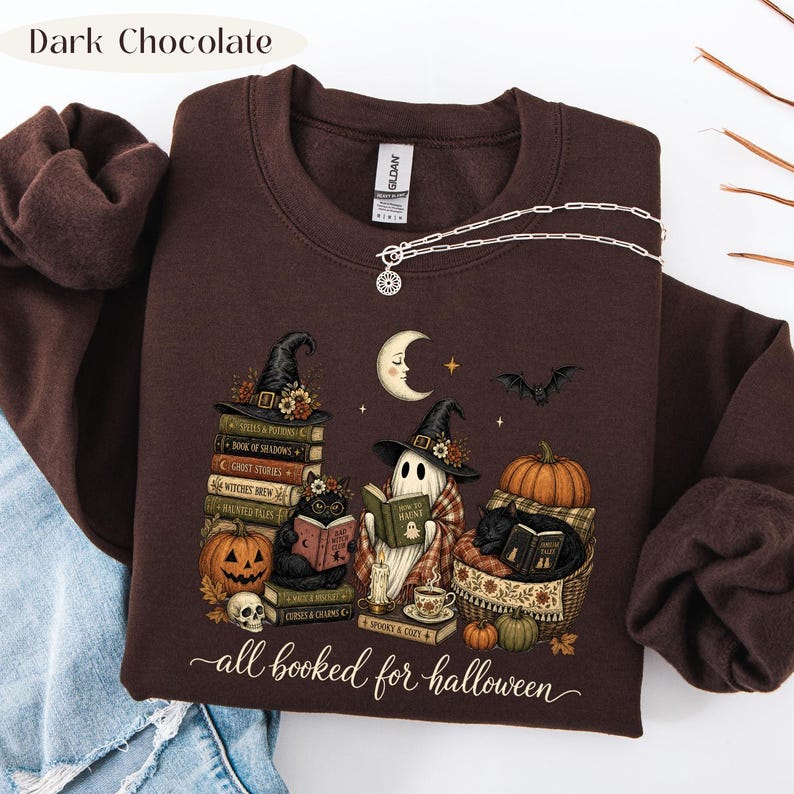 All Booked For Halloween – Book Lover – Spooky Reading Ghost Cat Design garment preview