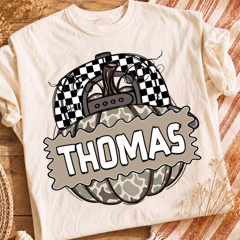 Custom Name Pumpkin – Personalized Fall Kids – Camo Gingham Pumpkin Design garment preview