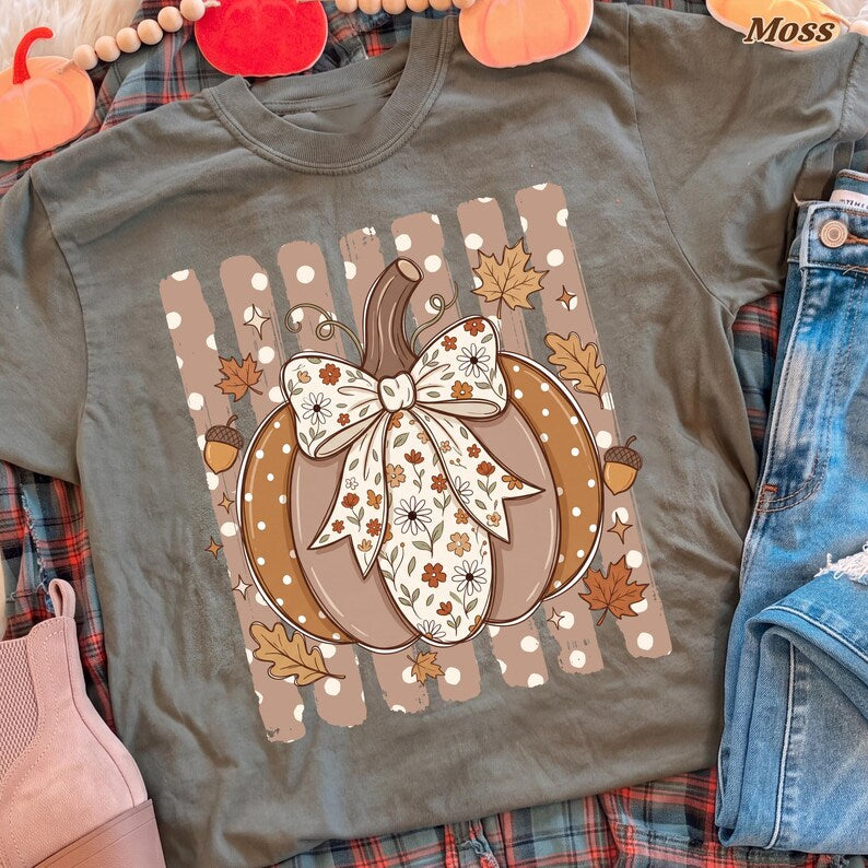 Coquette Pumpkin – Fall Design – Boho Neutral Pumpkin Floral Bow Acorns Autumn Leaves garment preview