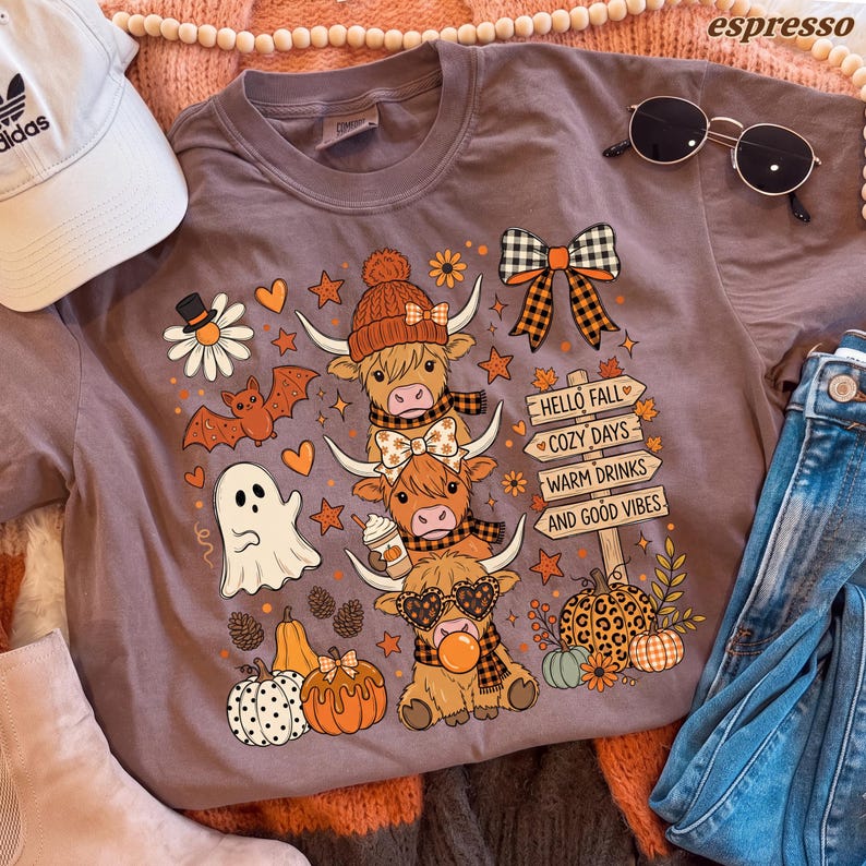 Highland Cow Fall Doodle Design – Hello Fall – Cozy Days Warm Drinks Ghost Pumpkins Collage garment preview