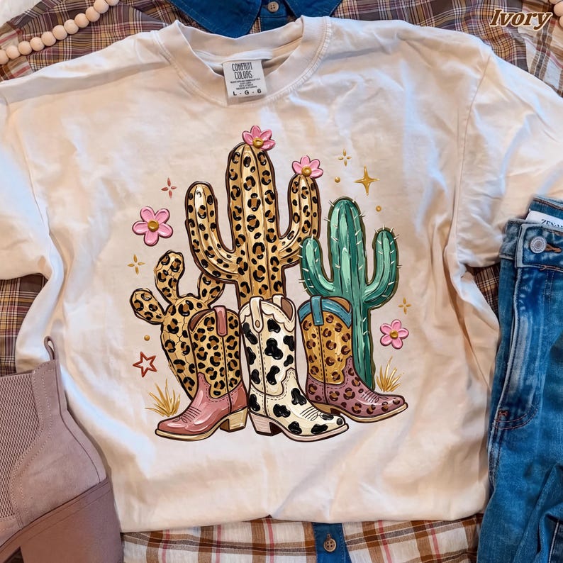 Western Cowgirl – Cowboy Boots Cactus Design – Leopard Cactus Cow Print Boots Desert garment preview