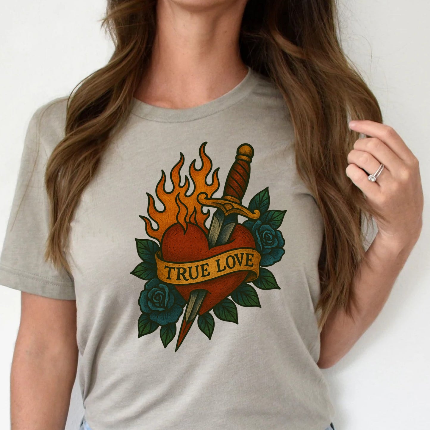 DTF Transfer True Love – Flaming Heart & Dagger with Blue Roses Front and Back Print Design