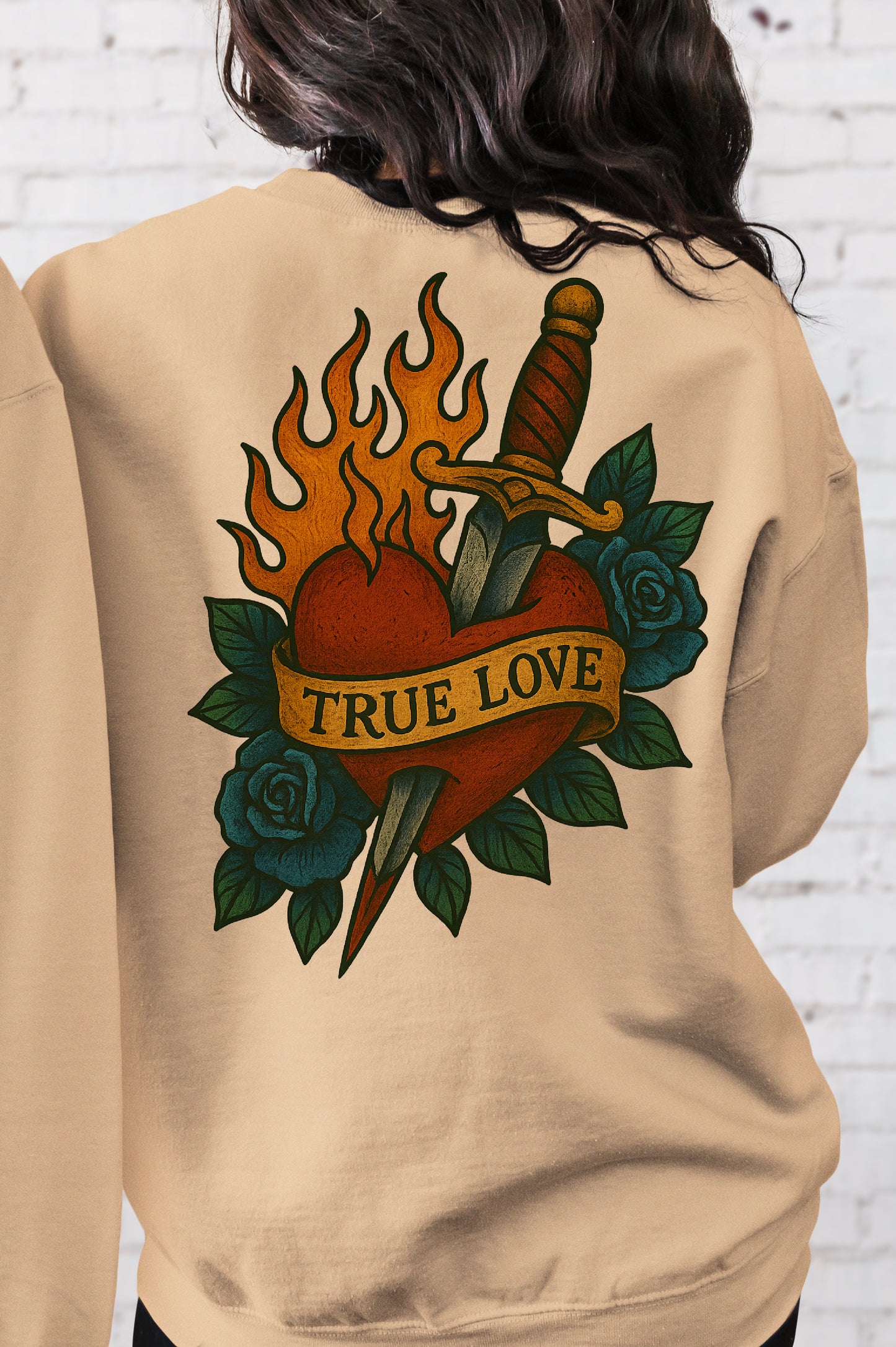 DTF Transfer True Love – Flaming Heart & Dagger with Blue Roses Front and Back Print Design