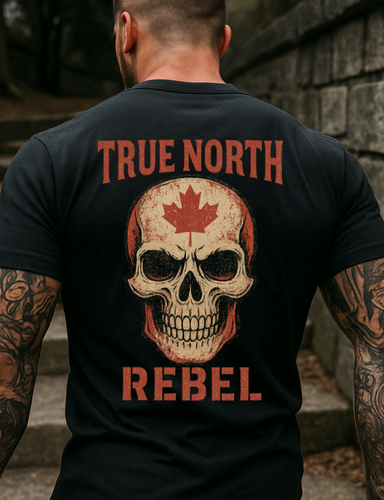 DTF Transfer True North Rebel – Canadian Skull with Maple Leaf & Grunge Flames