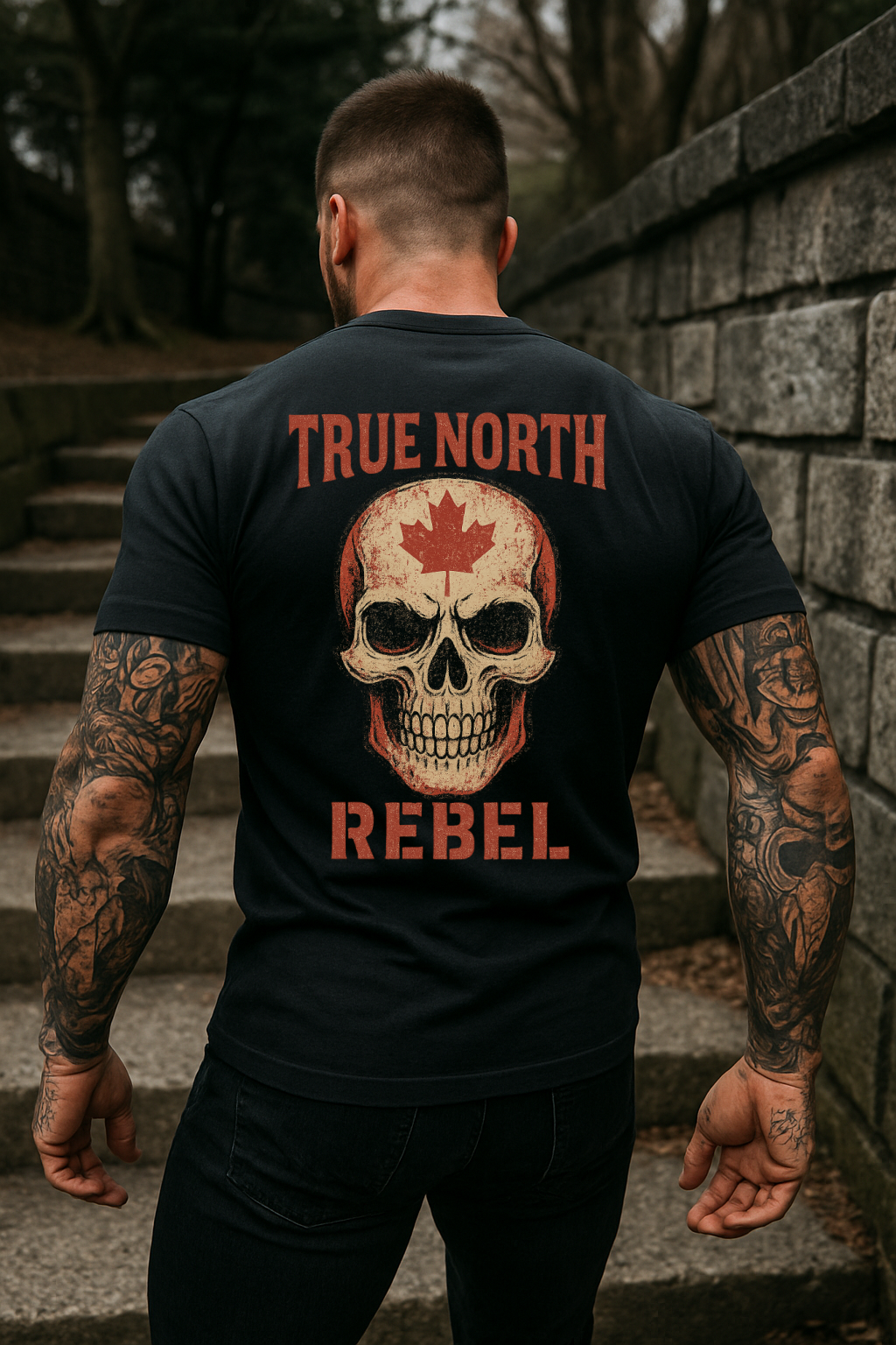 DTF Transfer True North Rebel – Canadian Skull with Maple Leaf & Grunge Flames