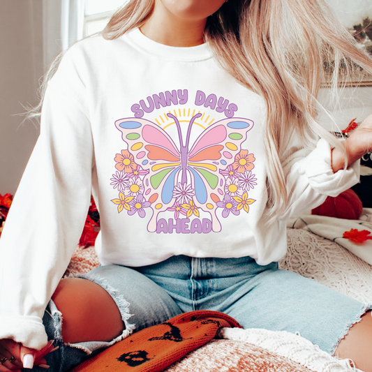 T-Shirt Or Sweatshirt Hoodie  Retro Happy Flowers Butterfly Sunny Days ahead