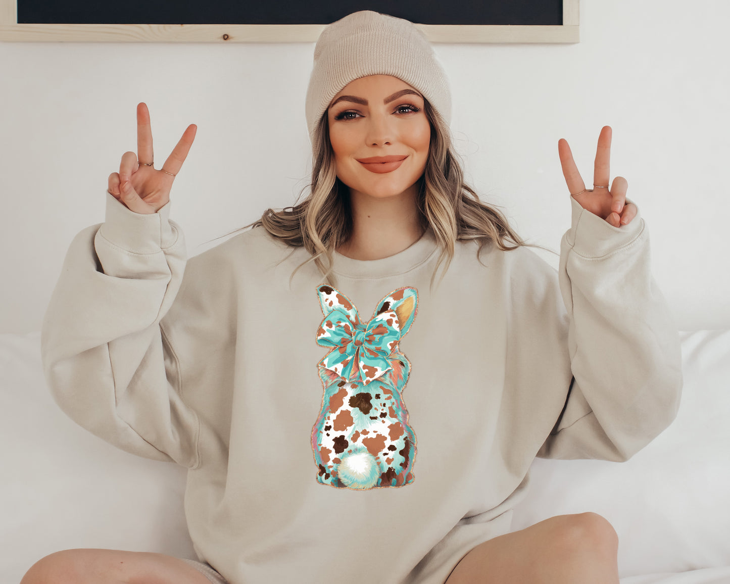 DTF Transfer Western Cow Print Bunny with Bow ๐๐ฐ