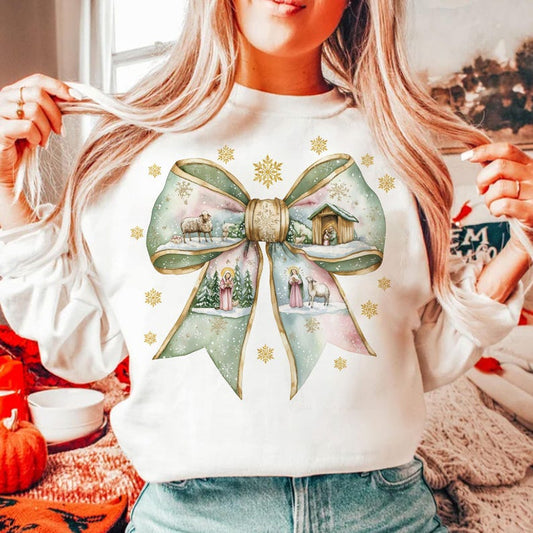DTF Transfer – Nativity Christmas Bow • Holy Family