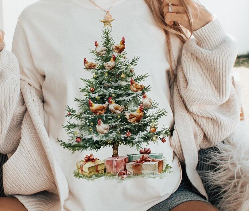 Sweatshirt Hoodie T-Shirt Christmas Roosters Country In Christmas Tree Vintage