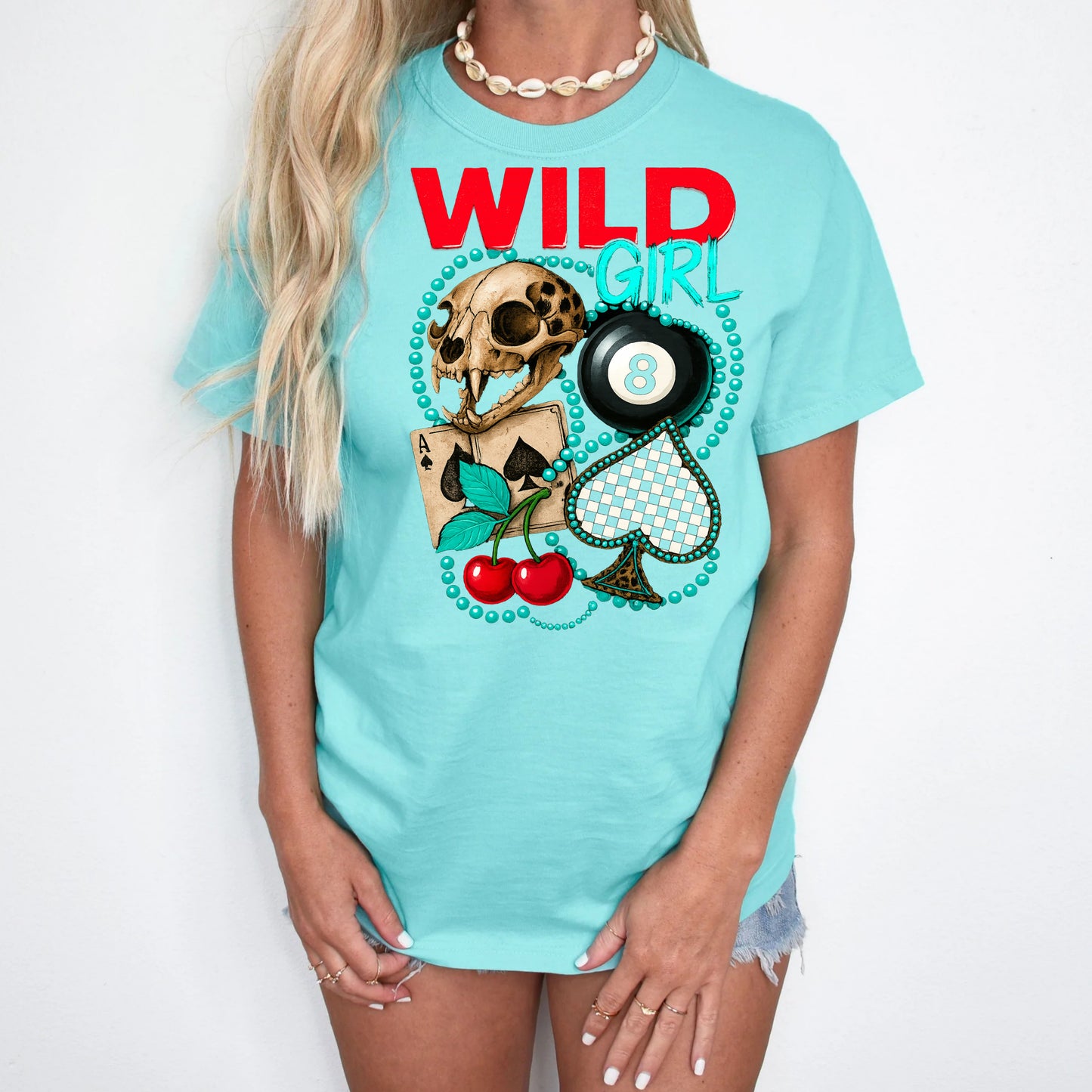 DTF Transfer Wild Girl – Leopard Skull Western Spade Cherry 8-Ball Tee Design
