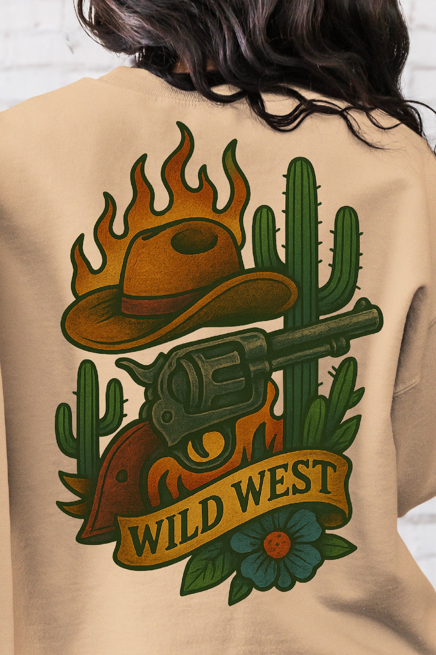 DTF Transfer Wild West – Flaming Cowboy Hat, Revolver & Cactus Back Print Design