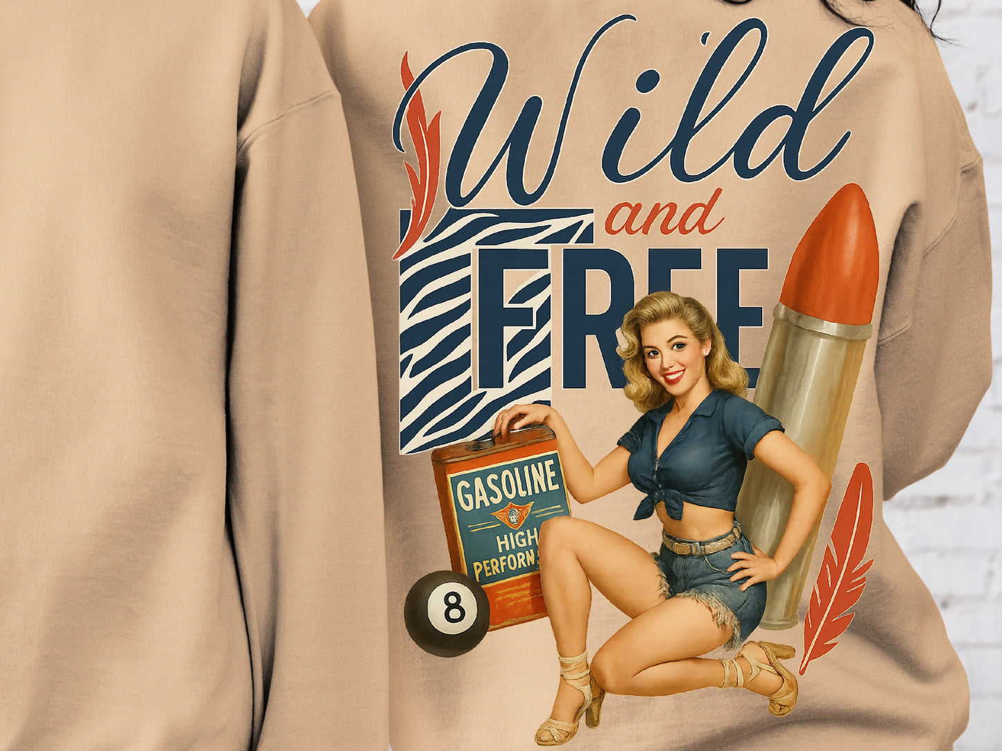 DTF Transfer Wild and Free – Retro Pin-Up Girl with Rocket, Zebra Print & Gasoline Can