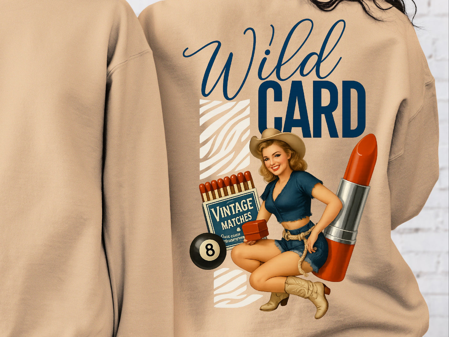 DTF Transfer Wild Card โ Retro Cowgirl Pin-Up with Matches, Lipstick & 8-Ball