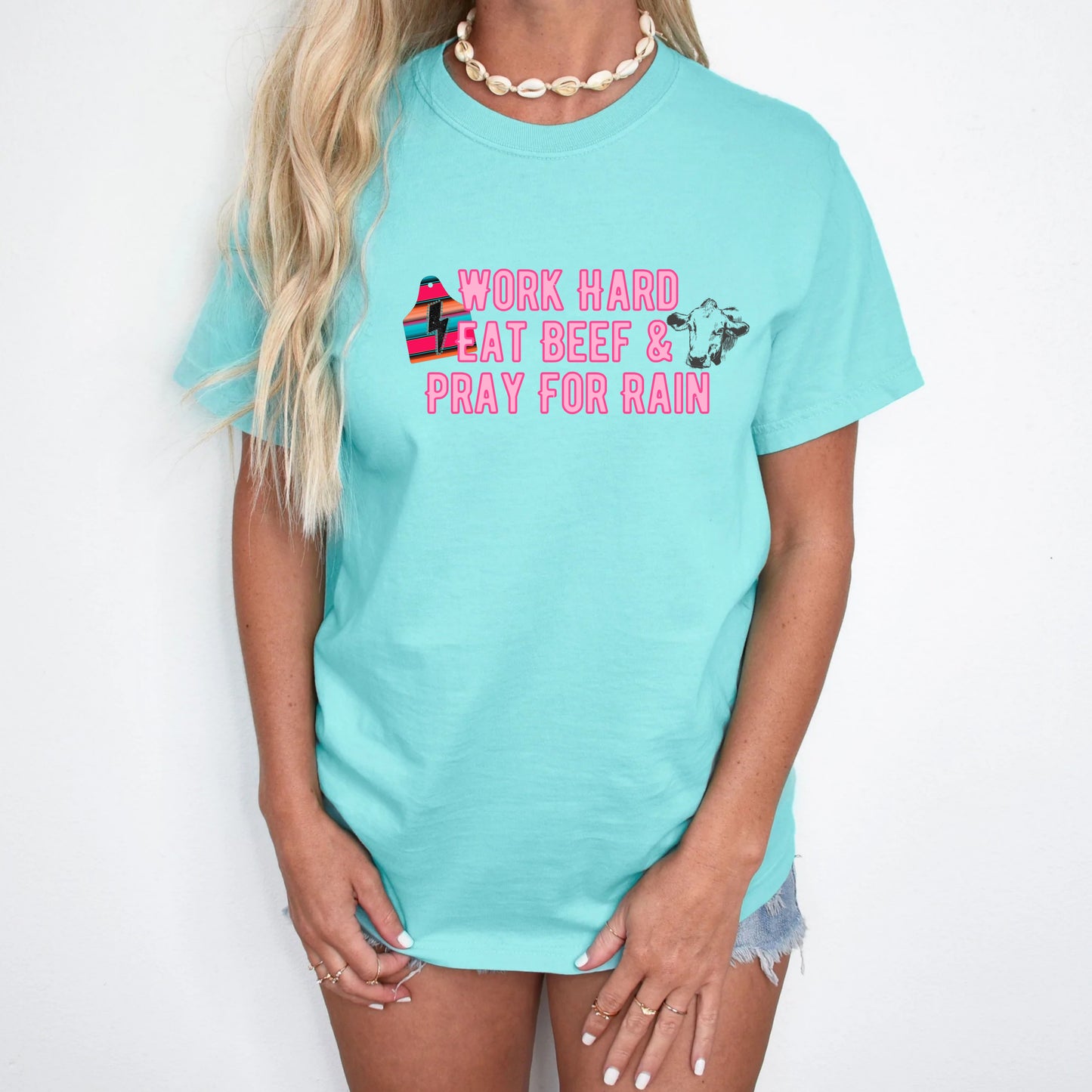 DTF Transfer Western Quote – Work Hard Eat Beef & Pray for Rain