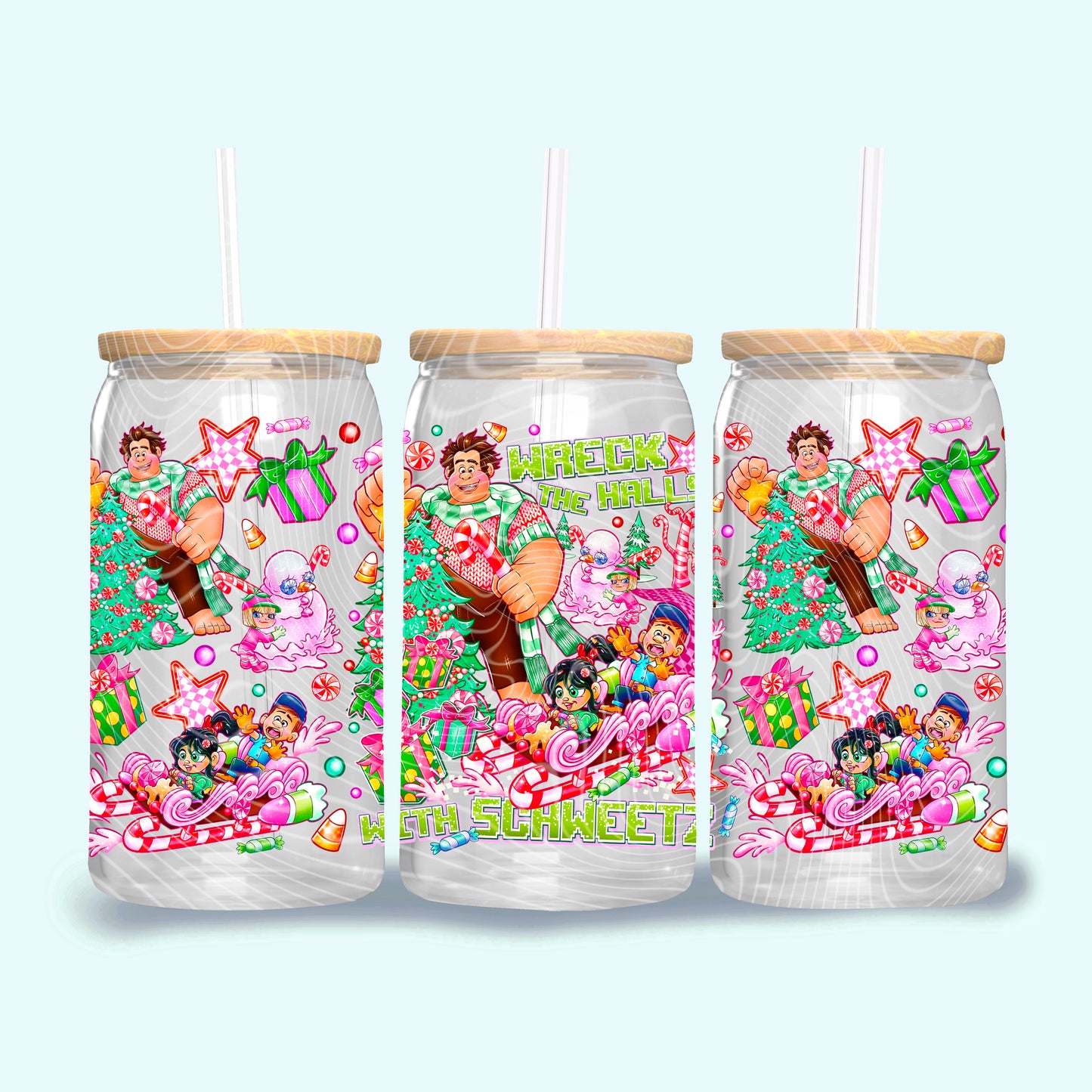 UV DTF Cup Wrap – Wreck the Halls | Holiday Candy Chaos Glass Cup Decal