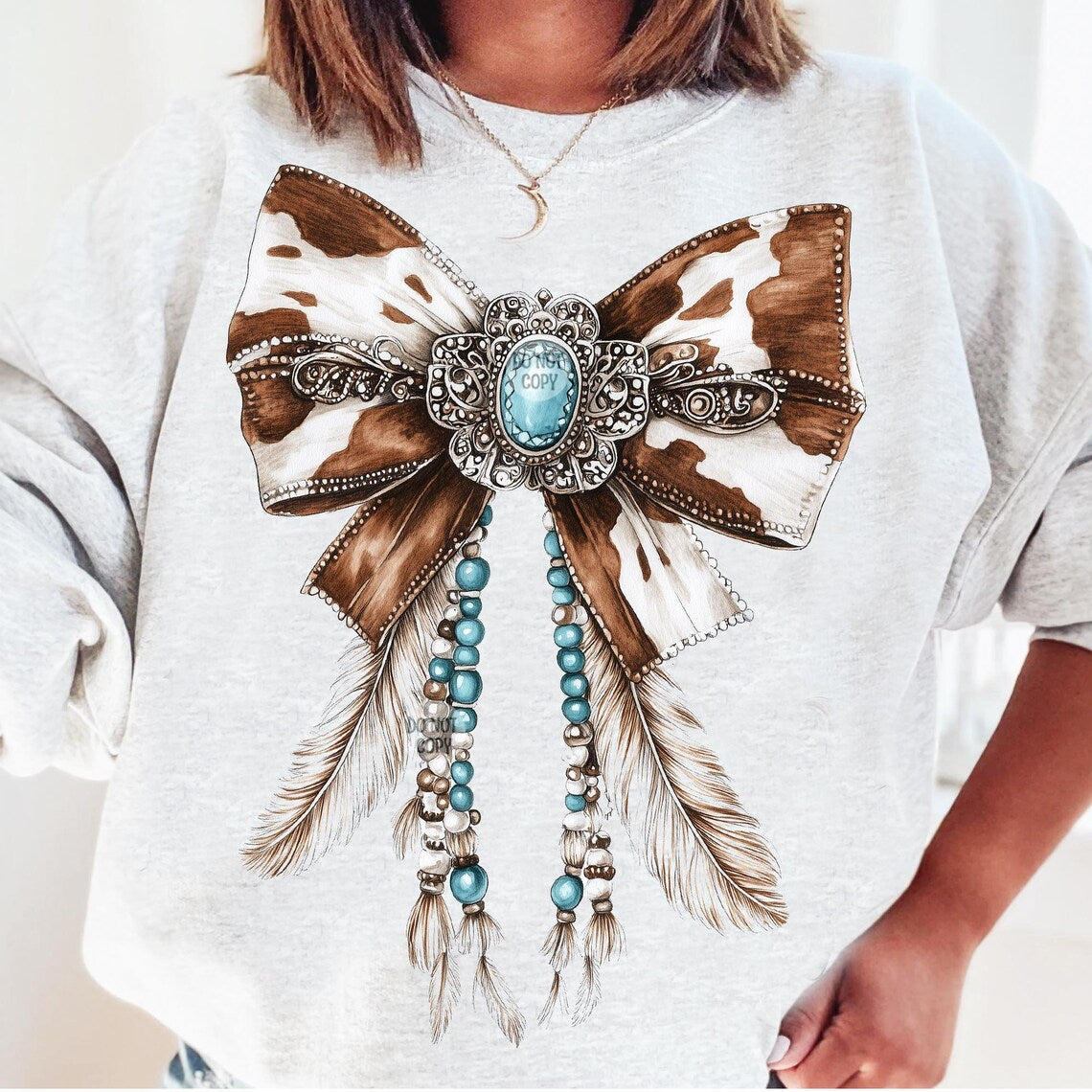 DTF Transfer Western Cowhide Bow with Turquoise & Feathers